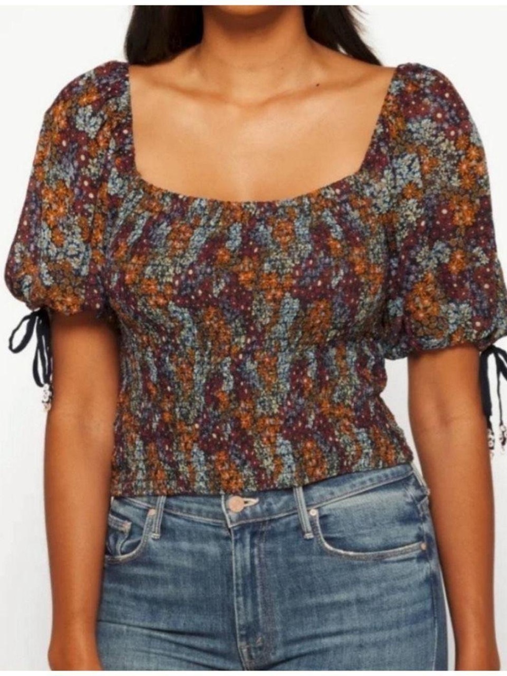 NWT Free People Back on Top Smocked Crop Top in Dark Multi - M